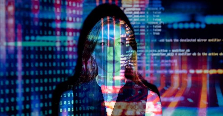Data Utilization - Code Projected Over Woman